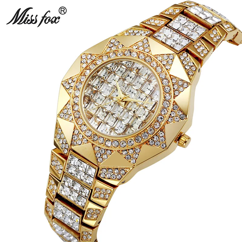 

MISSFOX Sun Shape Women Watches Top Brand Japan Quartz Watch Female Baguette Diamond Gold Watch Xfcs Fashion Lady Wrist Watches