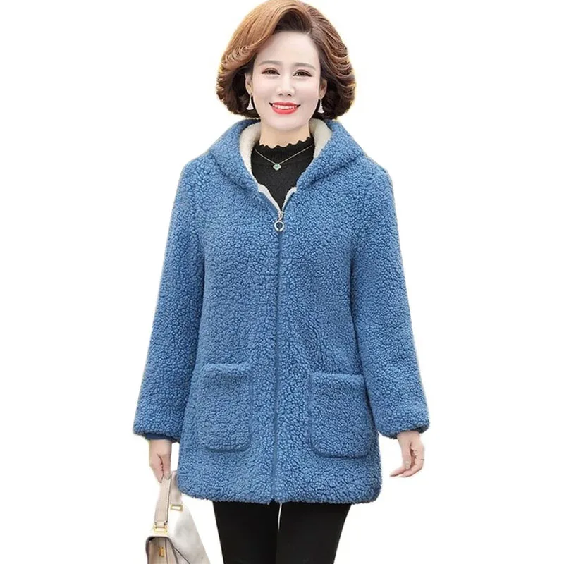 6XL Middle-aged Elderly Women\'s Lamb Wool Coat 2021 New Winter Plus Velvet Cotton Jacket Loose Mid-length Female Hooded Overcoat