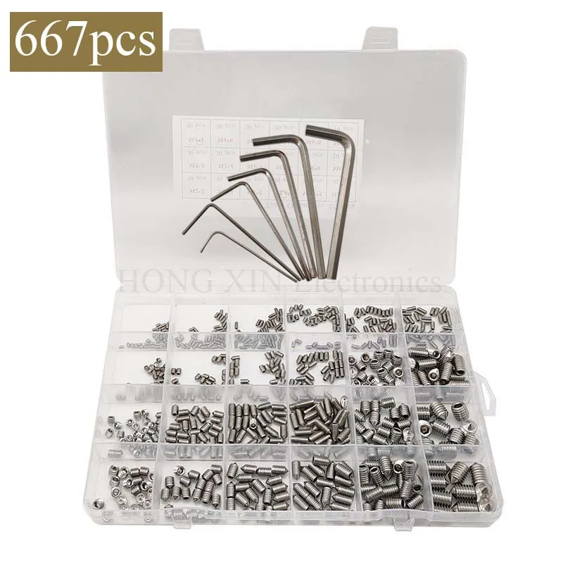 

667pcs Hex hexagon socket cone point set screw assortment kit M2 M2.5 M3 M4 M5 M6 M8 stainless steel grub screw with hex key