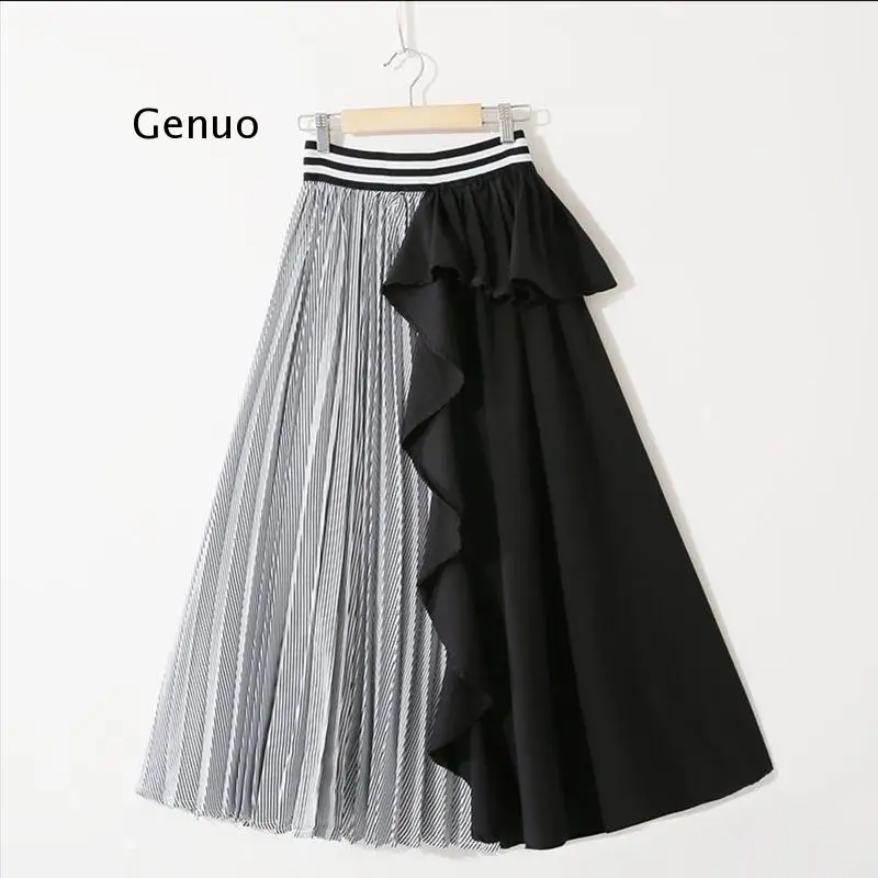 

2021 New Autumn Fashion Women Clothes Thin Striped Elastic Ruffles Contrast Colors A-Line Halfbody Skirt