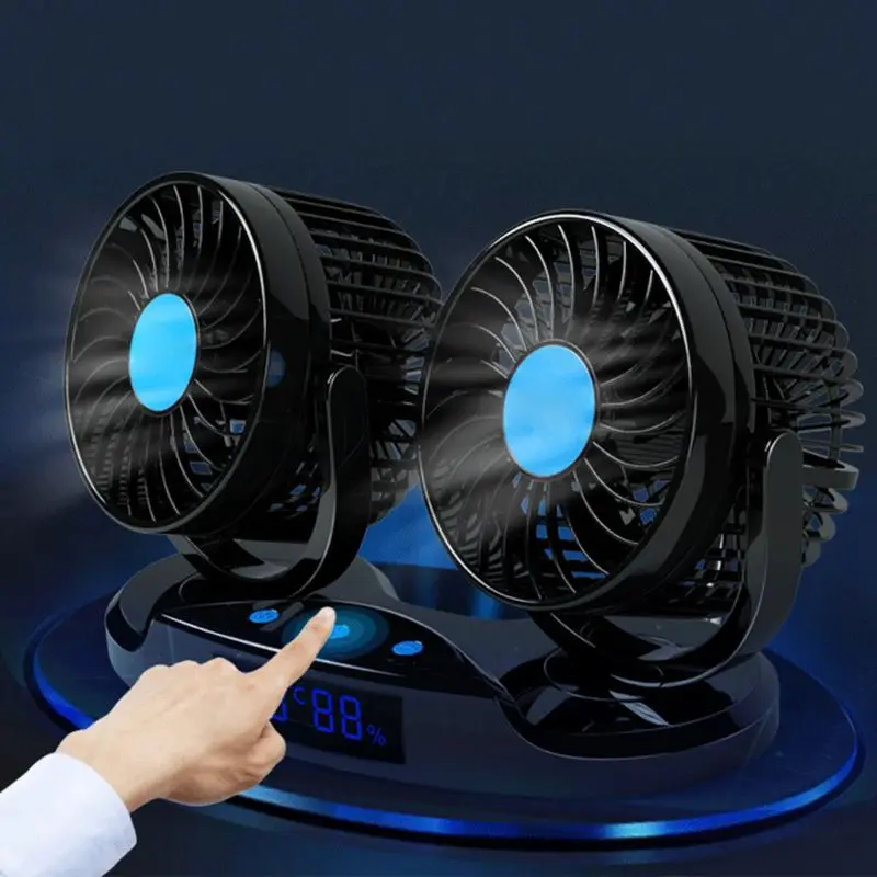 12V 24V Truck Car Fan 12 Speeds 360 Rotatable with Temperature Humidity Display Q81F