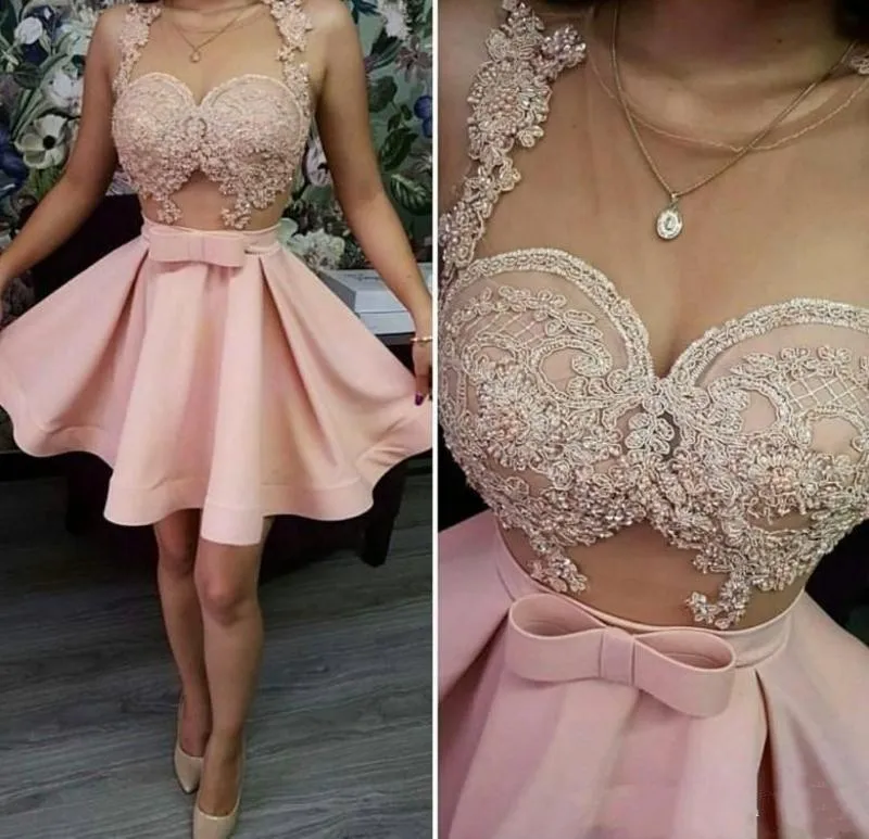 

Sexy See Through Pink Homecoming Cocktail Dress 2024 Sheer Neck Lace Appliques Short Prom Party Gown Vestidos Robe De Soirée