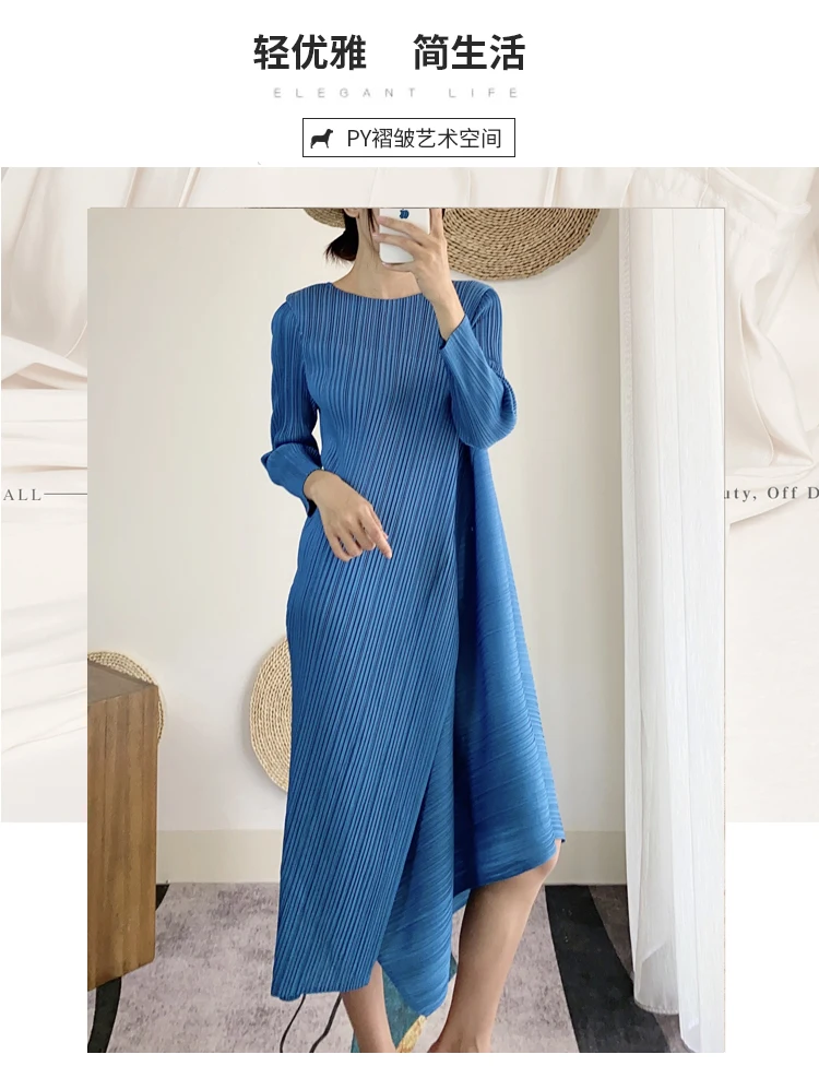 

HOT SELLING Miyake Fashion fold dress long sleeve o-neck soild irregular dress IN STOCK