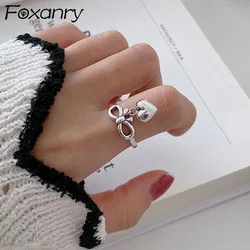 FOXANRY Silver Color Rings for Women Trendy Elegant Vintage Creative Sweet LOVE Heart Bow Knot Design Girl Party Jewelry