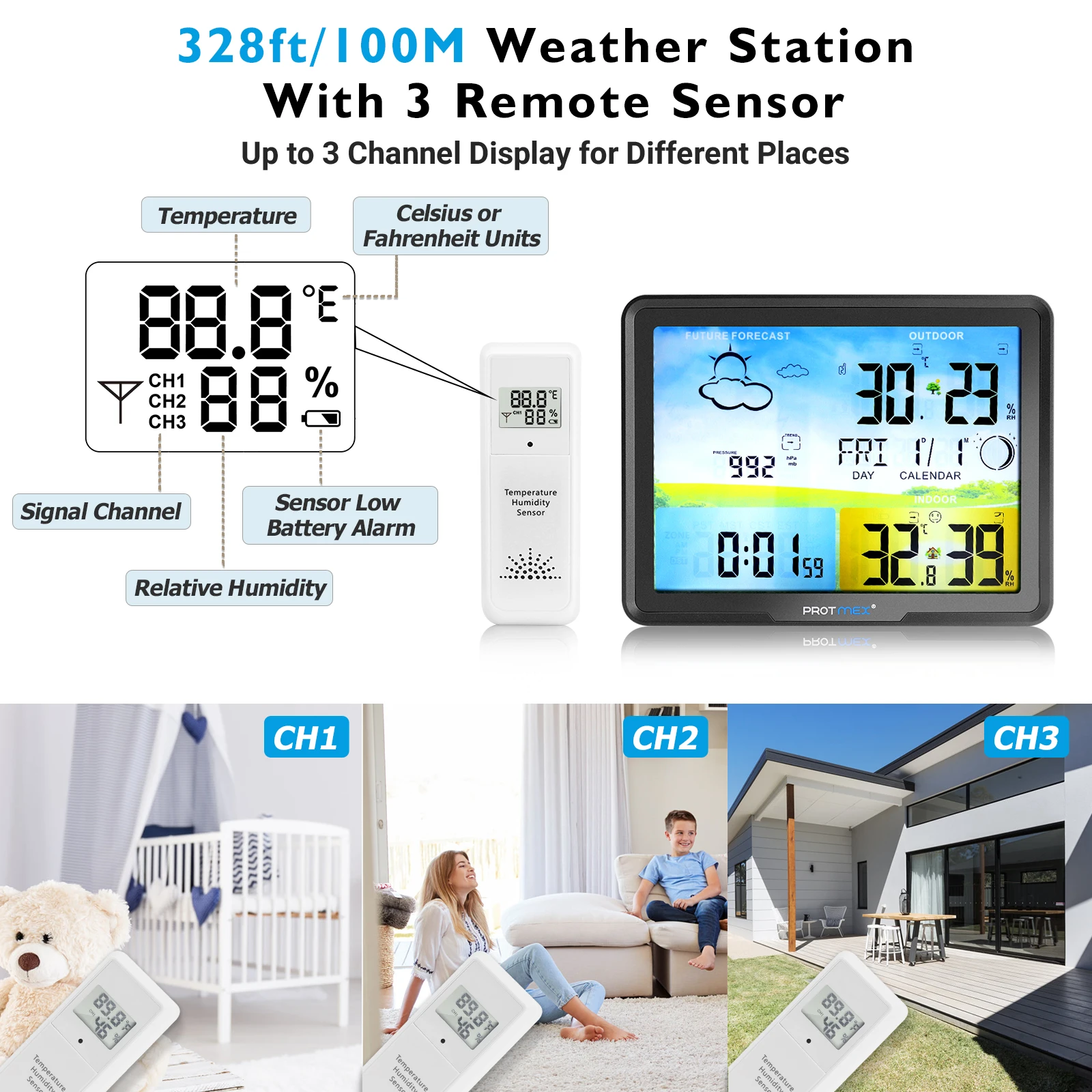 Protmex 20C Stasiun Cuaca Hygrometer Prakiraan Digital Suhu Kelembaban dengan 3 Sensor Nirkabel Monitor Dalam Ruangan Luar Ruangan 7.5"