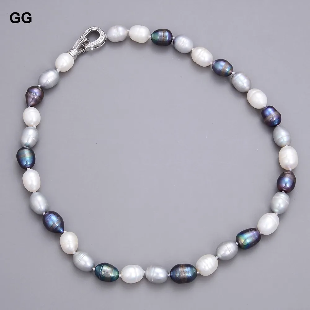 

GG Natural Freshwater Cultured Black Gray White Rice Pearl Mixed Color Choker Necklace 17" For Women Girl Jewelry Gift