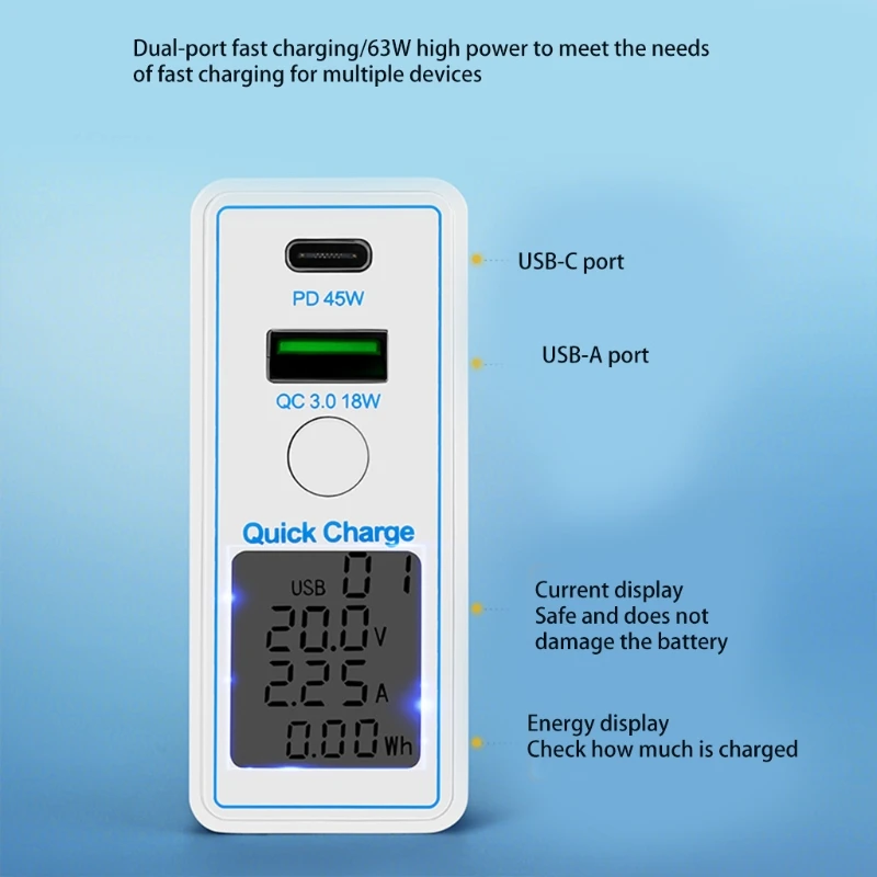 QC3.0 PD Digital Display Charger Fast Charging Head PD45w+ Qc3.0 Dual Port Fast Charging Charger 63 W Mobile Phone Table