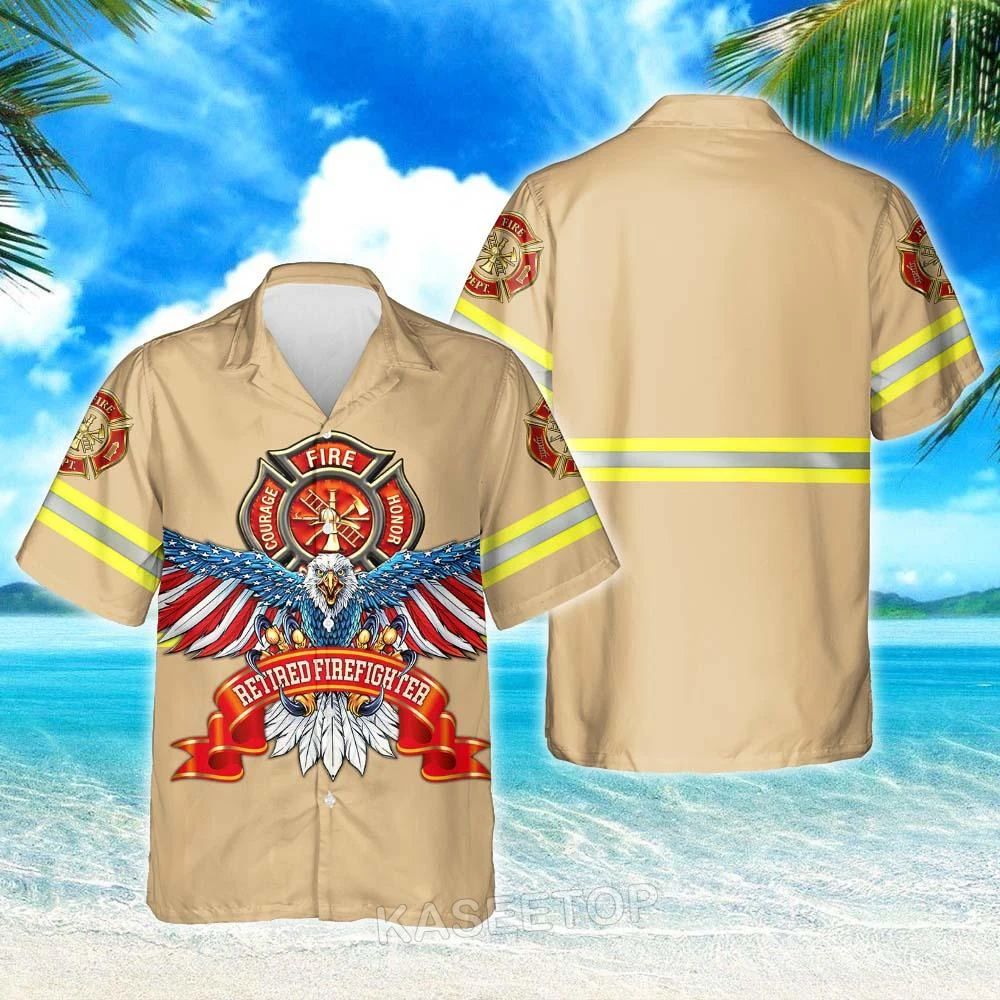 Mens Beach Short Sleeve Eagle Retired Firefighter 3D Printed Hawaiian Shirt Casual Button Wild Blouses Oversize Streetwear Tops