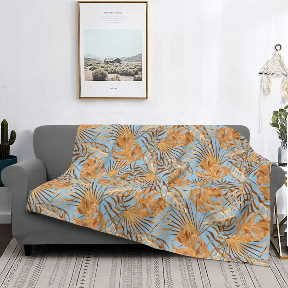 Golden Tropical Leaves Pattern Blankets Fleece Decoration Ultra-Soft Throw Blankets for Bedding Bedroom Plush Thin Quilt