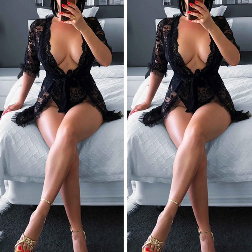 New Fashion Women Sexy Erotic  Perspective Deep V-neck Lace Dress Underwear Black Babydoll Sleepwear G-string