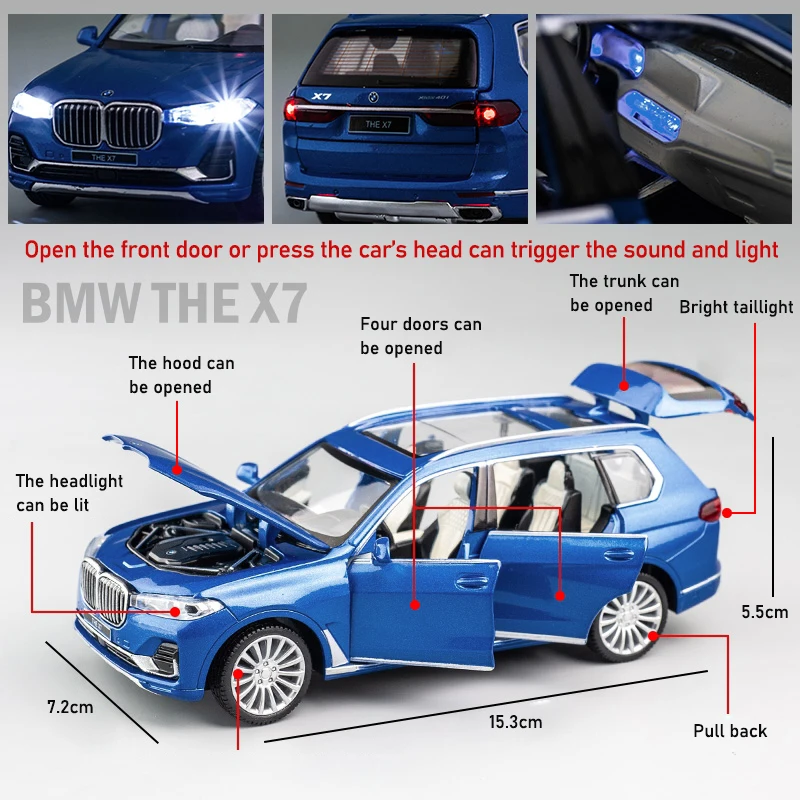 MSZ 1/32 BMW Alloy Diecast Open Doors With Light & Sound Pull Back Miniature Metal Model Cars Toys For Children Boys