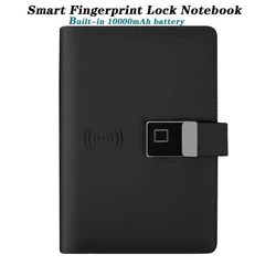 Snelle Levering Lederen Vingerafdruk Slot Notebook Smart Draadloze Oplader Dagboek Met Power Bank