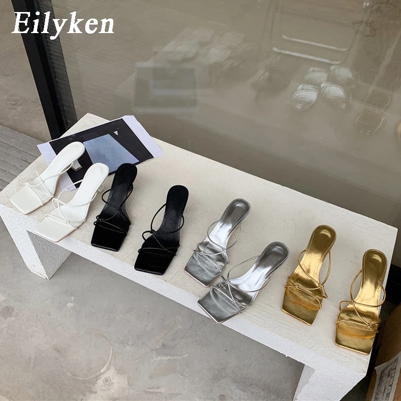 Eilyken 2024 New Summer Gold Slipper Low Heel Slides Female Peep Toe Square Heel Sandal Vacation Women Flip Flops Mujer Shoes