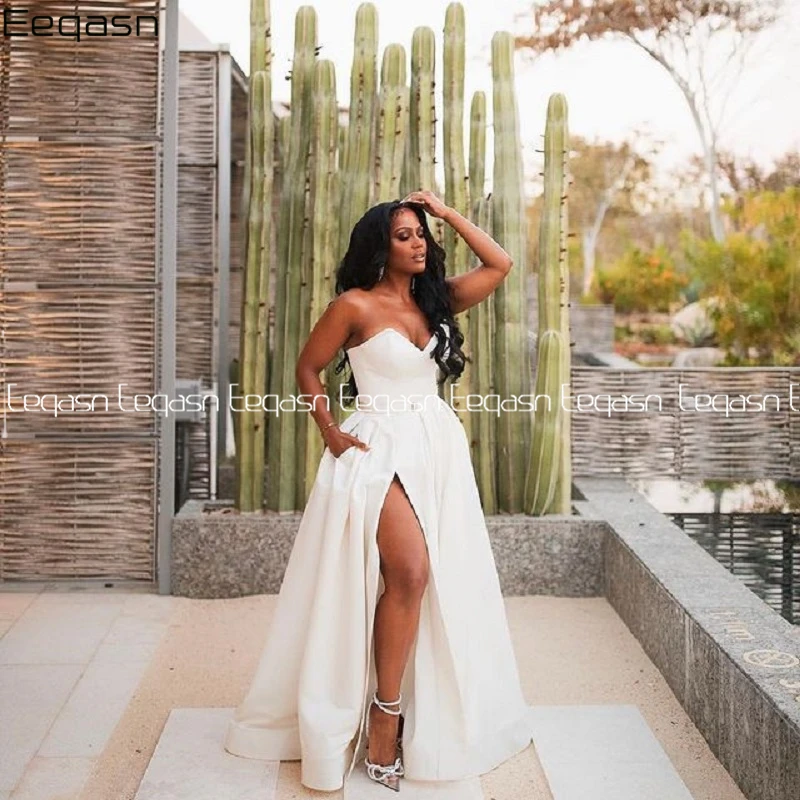 

Sexy White Long Satin Prom Dresses A Line Side Slit Formal Engagement Evening Party Gowns For Black Women Plus Size