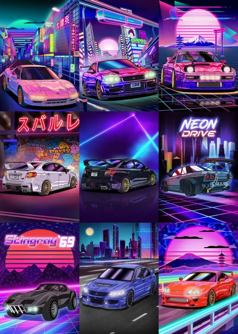 Synthwave Neon City Vaporwave Canvas Painting Racing Posters and Print Wall Art Pictures for Living Room Home Decoration Cuadros