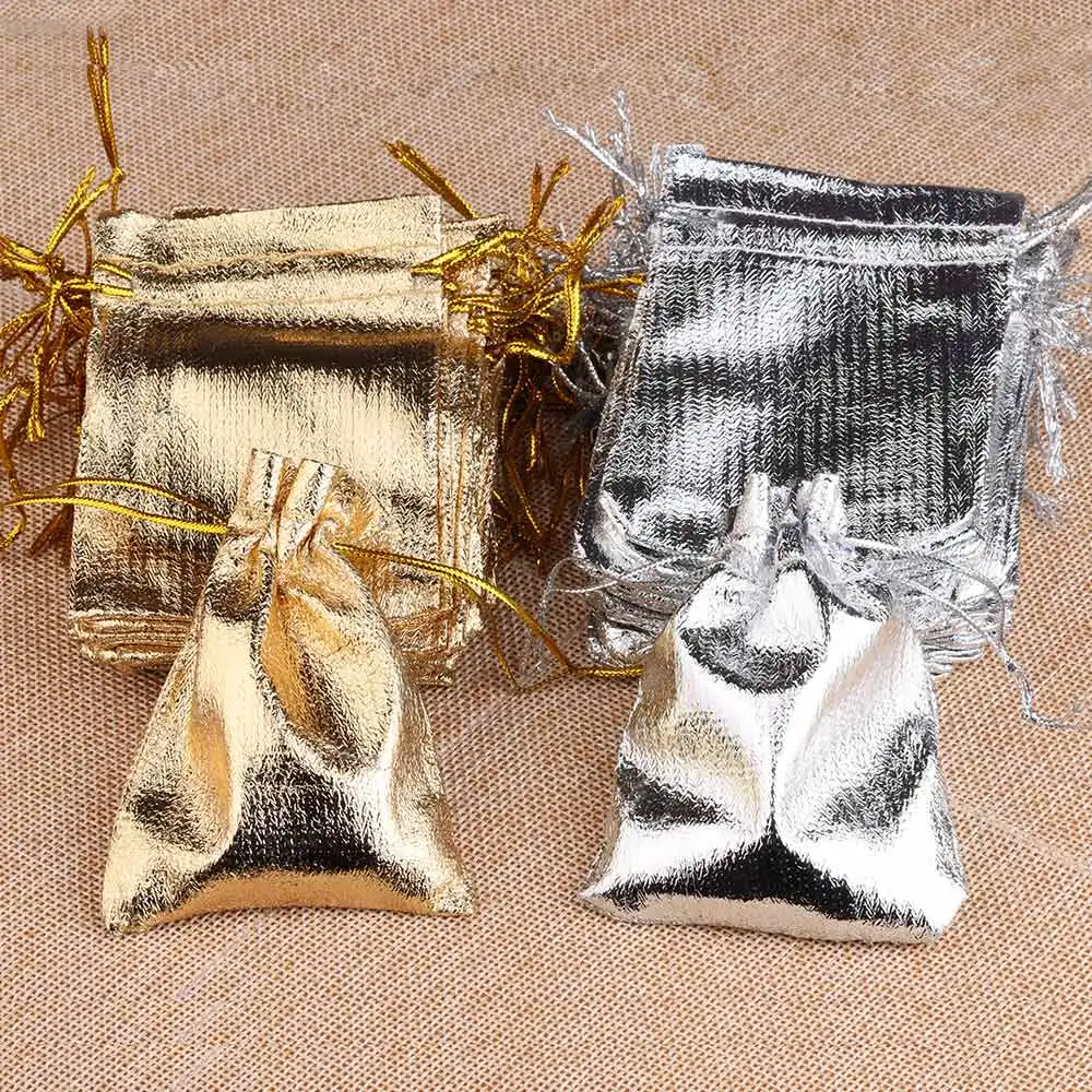 25/50pcs/lot 7x9 9x12 10x15cm Gift Bag Gold Color Foil Jewelry Bag Drawstring Pouches Christmas Party Wedding Gift Candy Bags