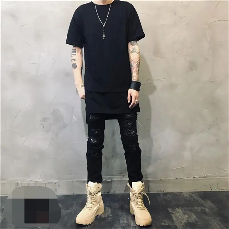 

Men's Short Sleeve T-Shirt Summer New Dark Round Collar Irregular Asymmetric Stitching Medium Long Slit Washed Undershirt