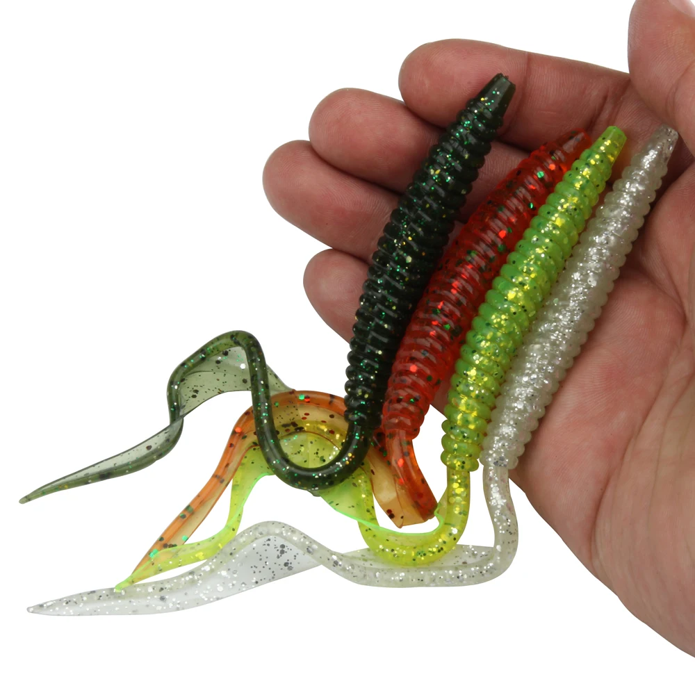 Spinpoler 18cm 13cm señuelo suave cebos de gusano cola larga Flexible 4 colores gusanos de tierra de silicona señuelo de pesca realista 5 unids/pack