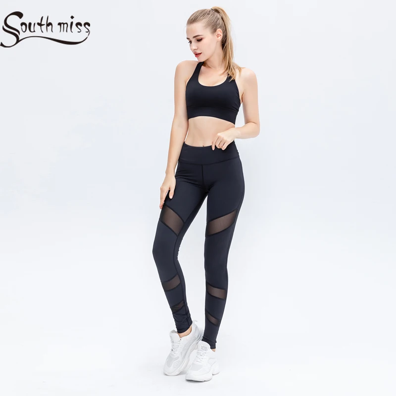 Premium Solid Black Yoga Legging Sexy Breathable Mesh Patchwork Gym Tight High Rise Hollow Hips Push Up Quick Dry Sport Wear