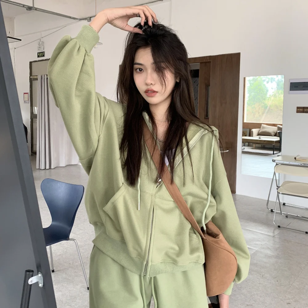 

Autumn Cotton Green Casual Tracksuits 2021 Women Two Piece Set Hooded Full Sleeve Zipper Sweatshirt Jacket &elastic Waist Shorts