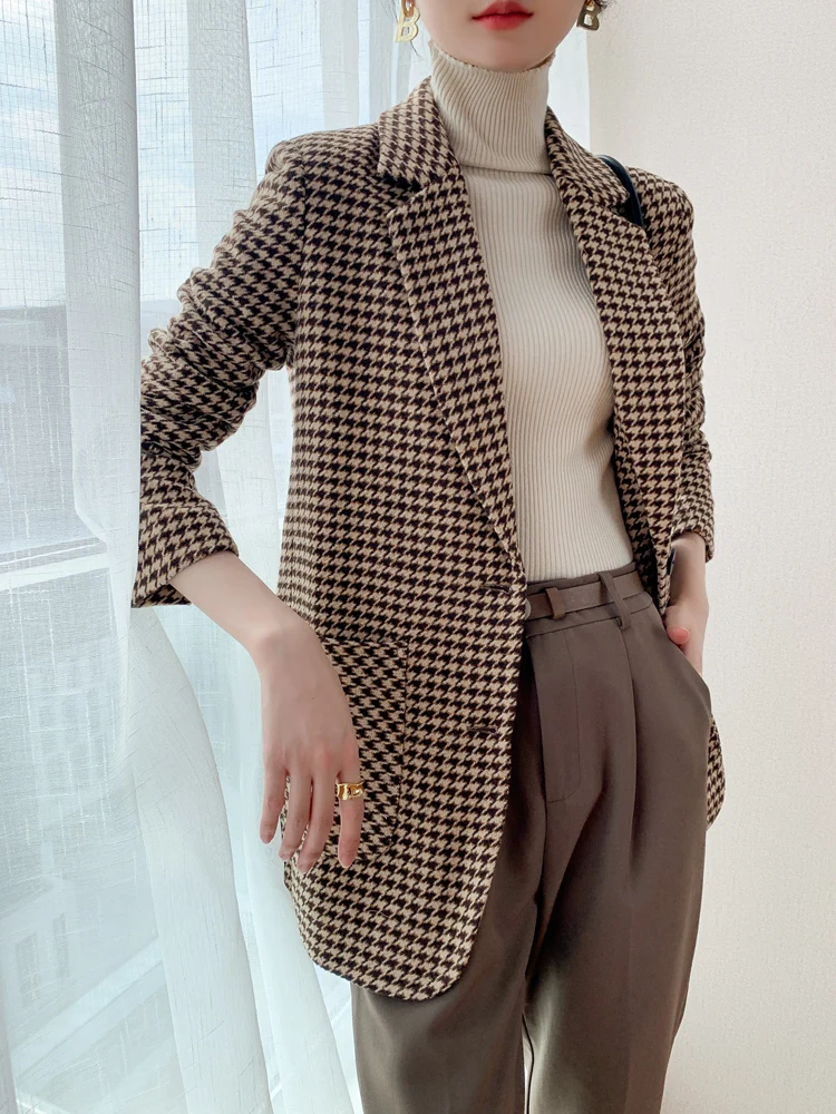 Retro houndstooth woolen small suit jacket 2021 spring new temperament Korean thick woolen cloth ladies