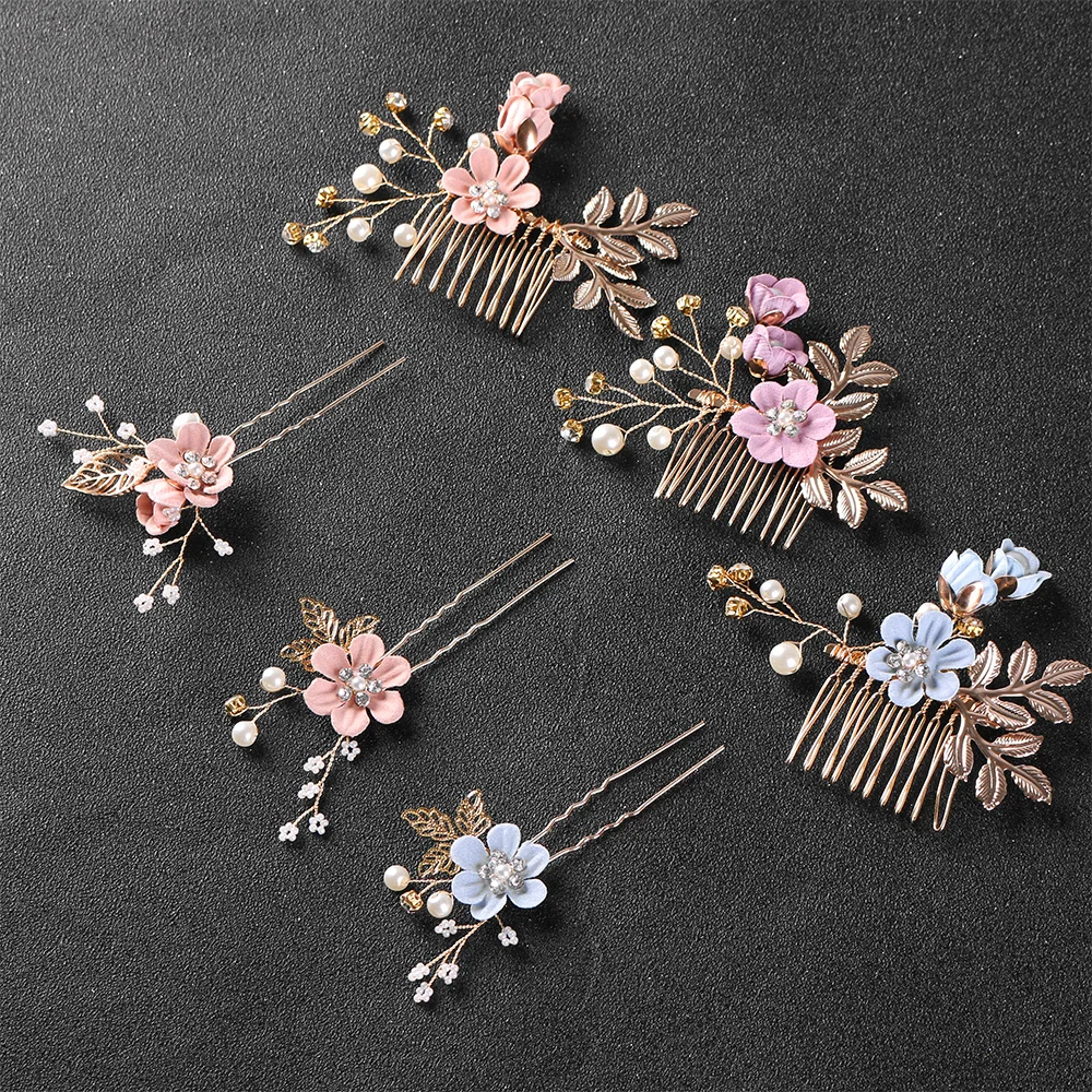 1PC Luxury Blue Pink Flower Hair Combs Headdress Prom Bridal Wedding Crown Hair Accessories Gold Leaves Hair Jewelry Hair Pins