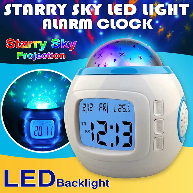 Starry Sky Projection Music Alarm Clock Thermometer Desktop LED Night Light