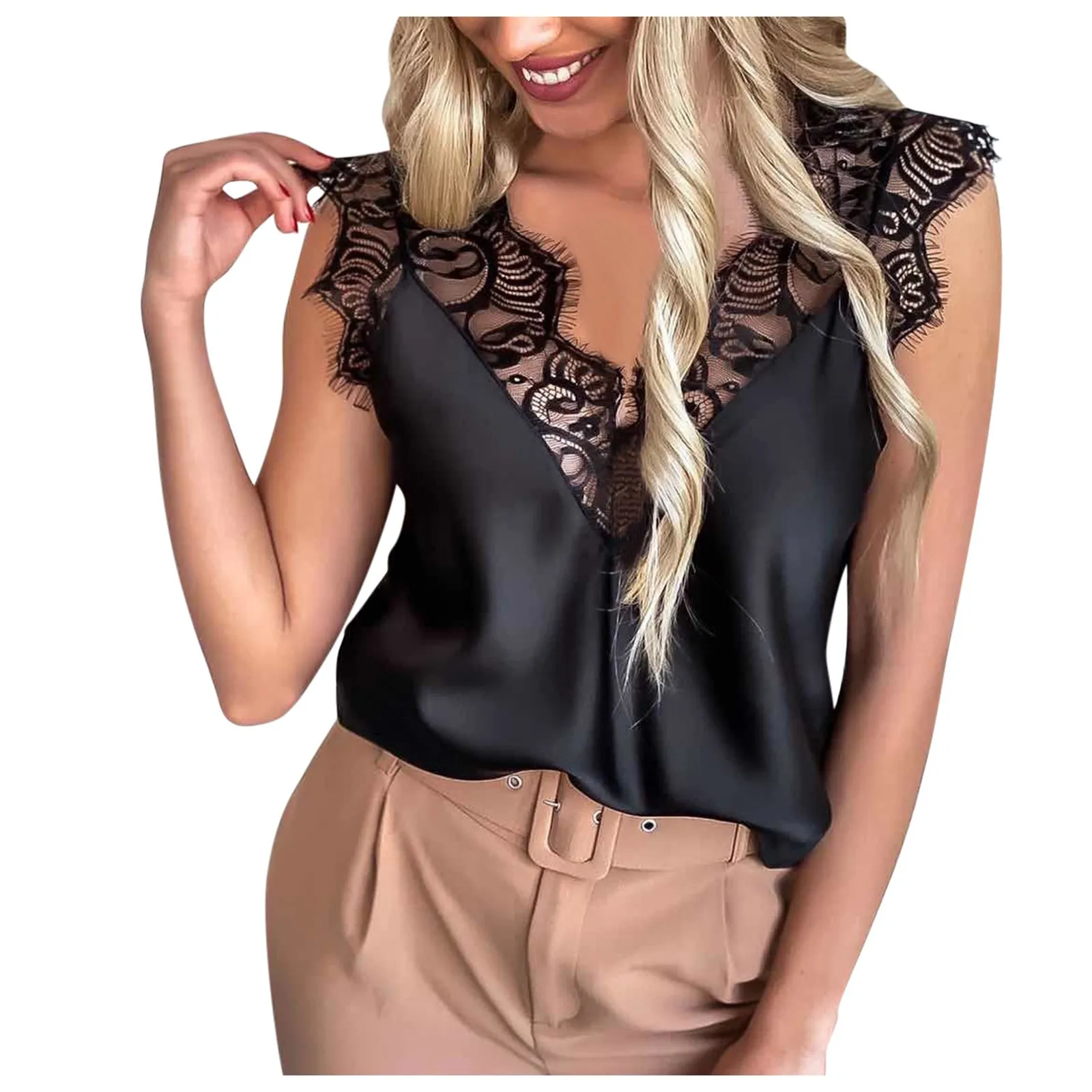 Blouse Women Lace Vest Sleeveless Loose Tank Blouse Shirt Plus Size Feminino Casual Loose Solid Office Elegant Blusas Female Top