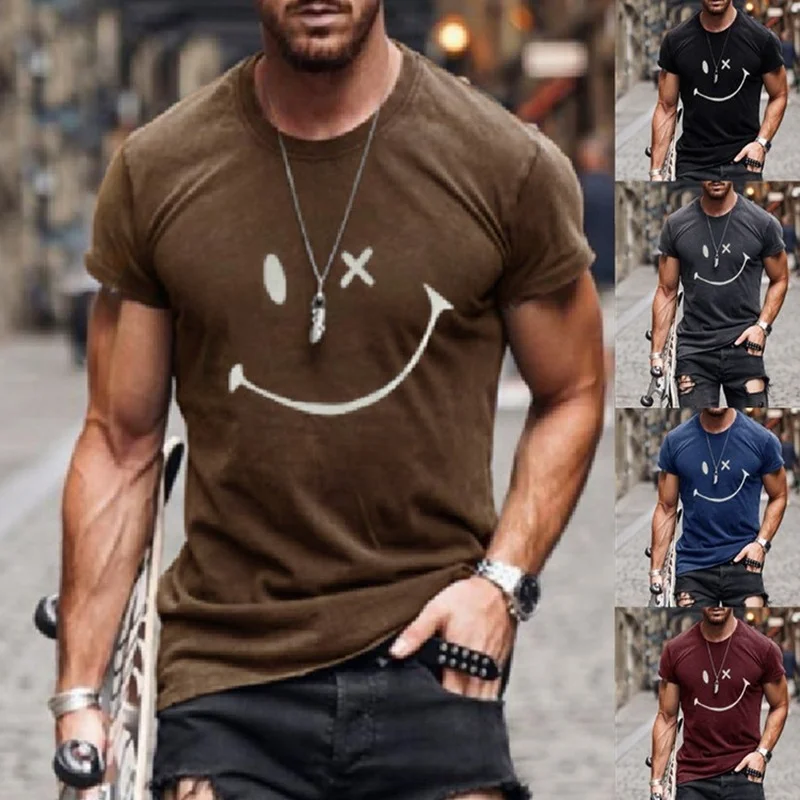 ICCLEK 2021 New T-shirt Men's Summer Fashion Casual Loose Pull Head Round Neck Short Sleeve Smiley T-shirt hunter  T-shirt