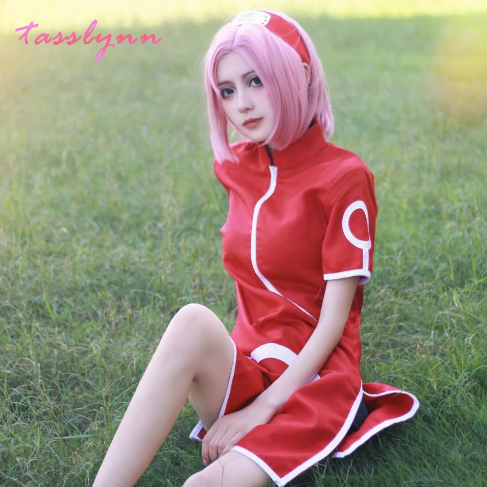 

Japanese Anime Costume Haruno Sakura Cosplay Cheongsam for Girls Red Cheongsams Party Show Short Sleeves