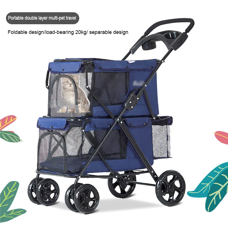 Pet Stroller Carrier For Dogs Portable Folding Double Deck Dog Large Space Trolley Cage Four Wheel Outdoor Travel Pet Scooter