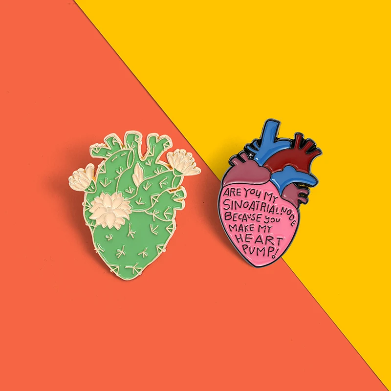 Human Heart With Flowers Letters Enamel Lapel Pin Anatomical Heart Brooches Floral Anatomy Badges Art Organs Medical Jewelry