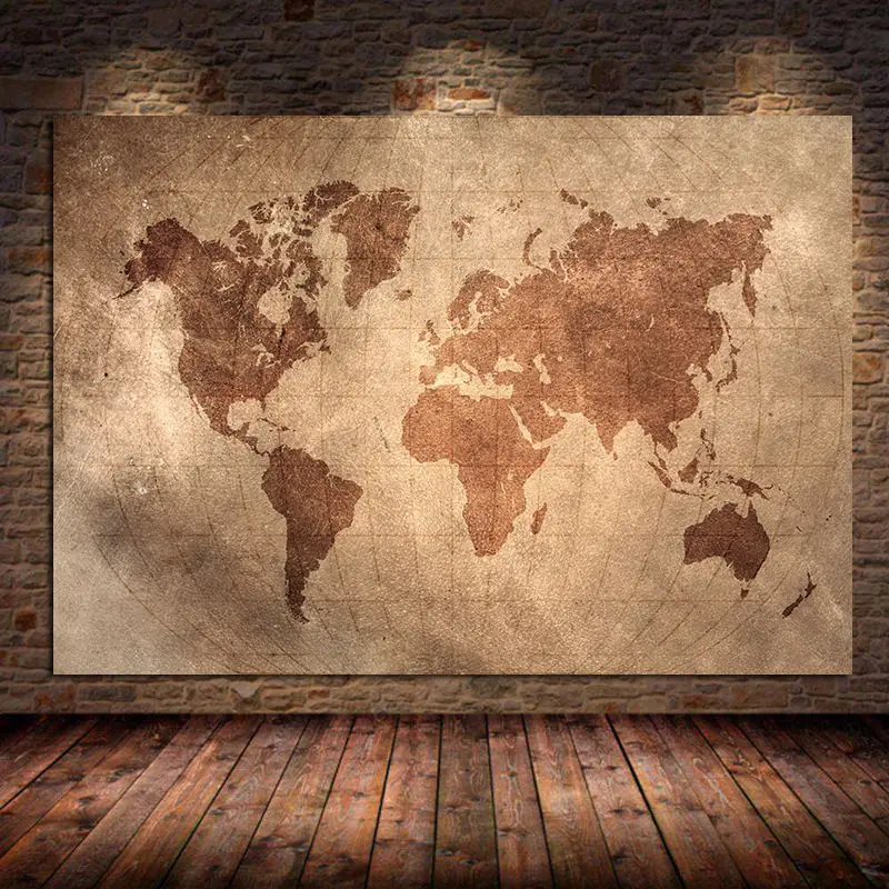Vintage wereldkaart canvas schilderij posters en prints oude kaart oude retro kaart kunst aan de muur voor woonkamer huisdecoratie ingelijst