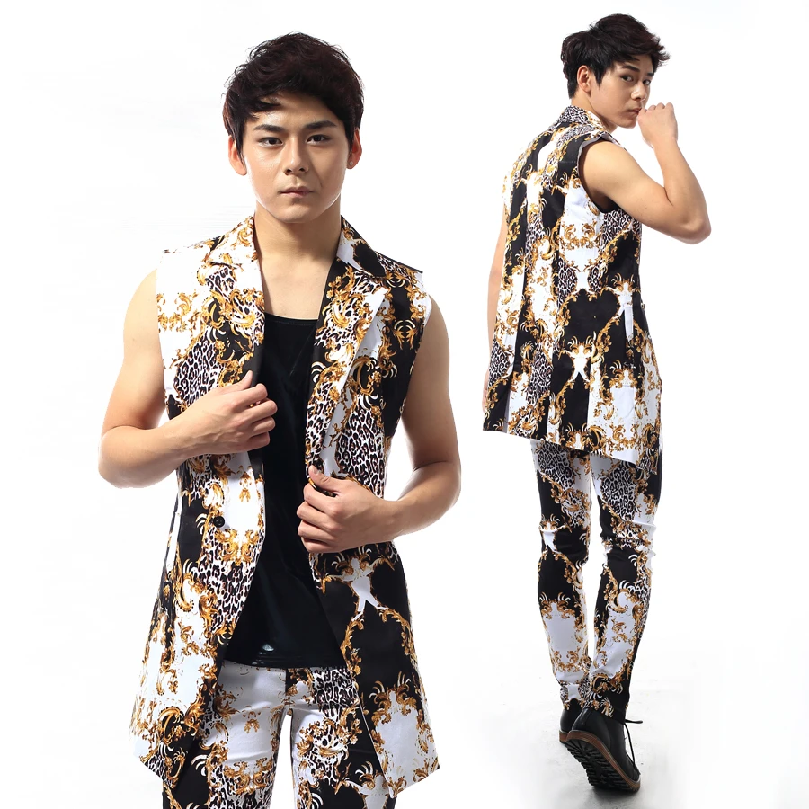 

Man Sexy Stage Club Performance Clothing Fashion Men Jazz Dance Slim Was Thin Costumes Leopard Print Suit CoatWear Vest+pant set