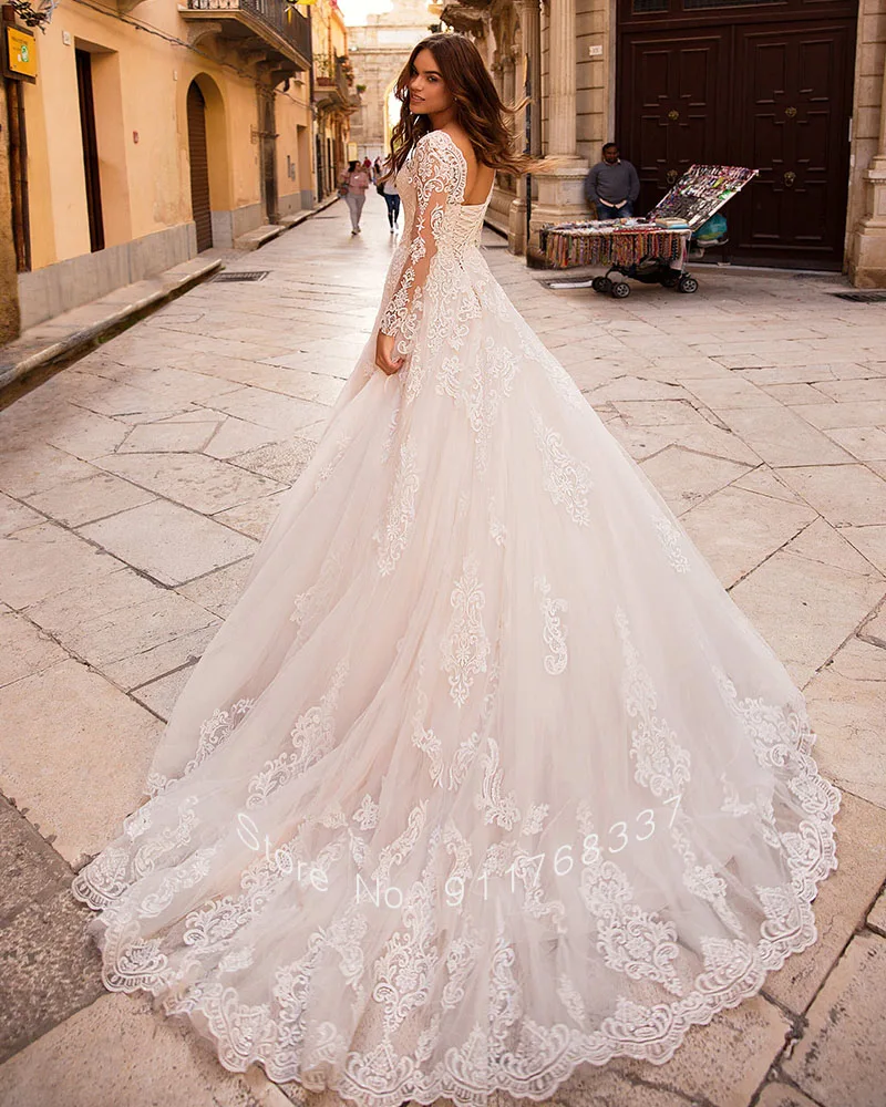 ชุดแต่งงานแขนยาวชุดชุดราตรีงานแต่งลูกไม้ขึ้นหลัง hochzeitskleid Tulle หรูหรา vestidos de noiva ชุดเจ้าสาว