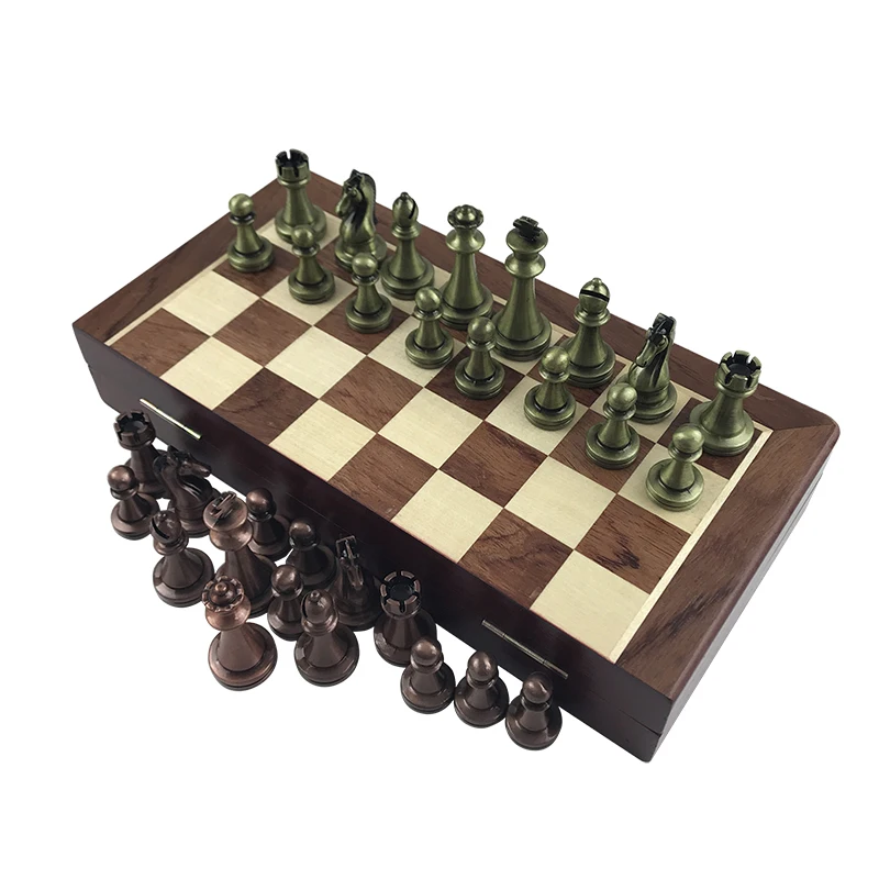 High-end Wooden Folding Chessboard Retro Metal Alloy Chess Pieces Chess Game Set 30*30cm Chessboard Friends Gift Entertainment