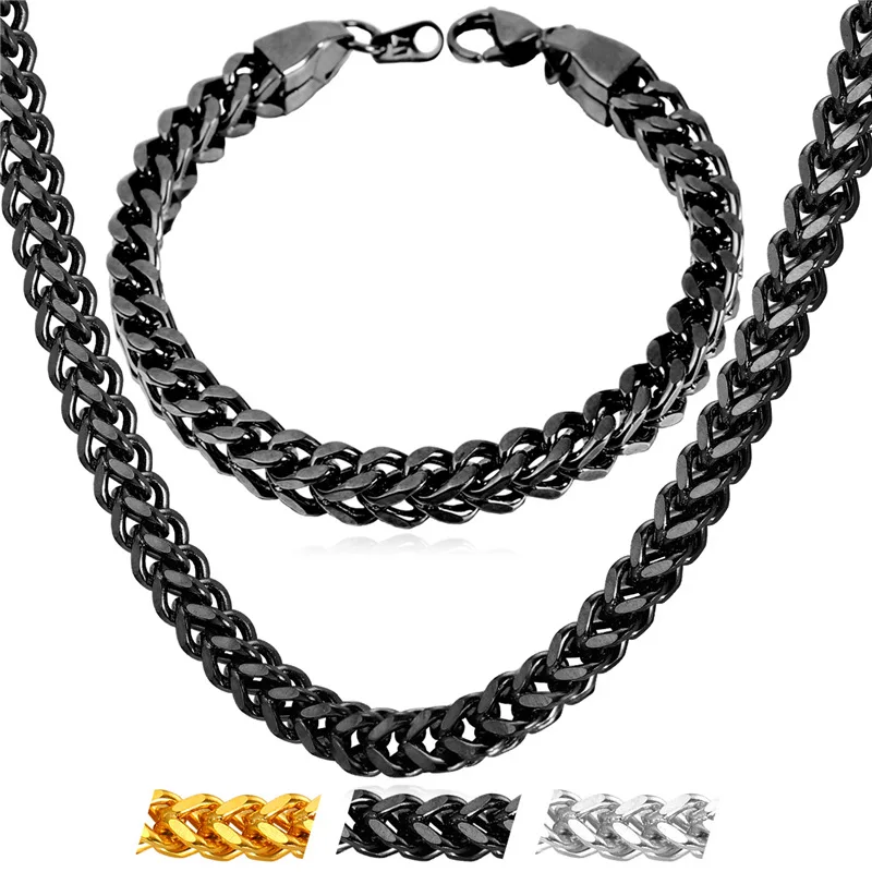 ChainsPro Spiga Wheat Chain Jewelry Sets Stainless Steel Gold/Black Color Men Link Bracelet Necklace Set Rock Men Jewelry S216