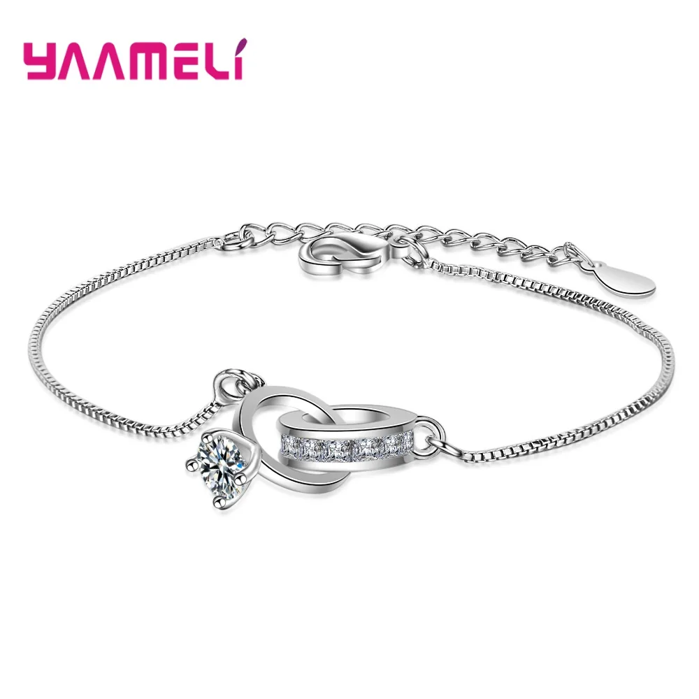 Forever Love S925 Sterling Silver Bracelets CZ Diamond White Topaz Circles Box and Extender Chain Women Girls Valentines Gift