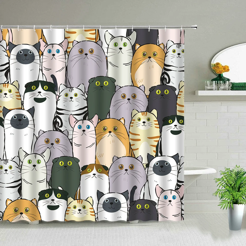 Cat Printed Shower Curtain Cartoon Lovely Animal Flower Bird Plant Scenery Christmas Gift New Year Bathroom Decor Fabric Curtain