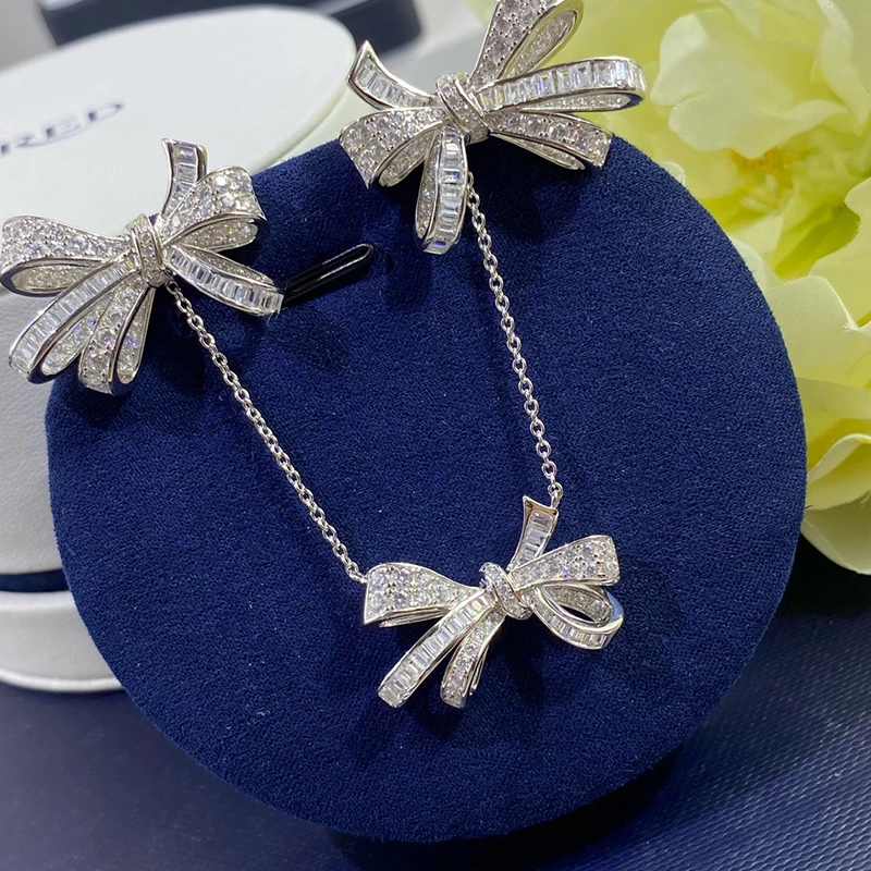Luomansi Super Flashing Bowknot Diamond S925 Silver Necklace Fine Jewelry Wedding Party Birthday Romantic Woman Gift