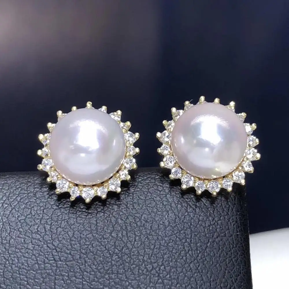 Fine Jewelry Pure 18 K White Gold Natural Japan Origin Akoya 9-8mm White Round Pearl Earrings for Women Fine Pearl Earrings