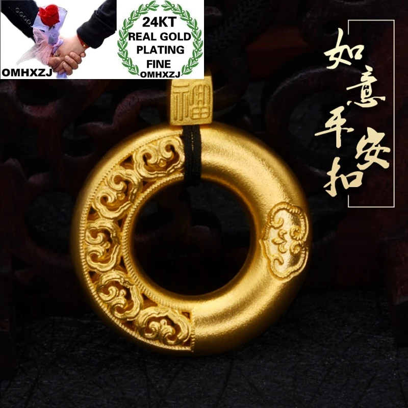 OMHXZJ Wholesale CA451 European Fashion Fine Woman Party Birthday Wedding Gift Vintage RUYI Peace Buckle 24KT Gold Pendant Charm