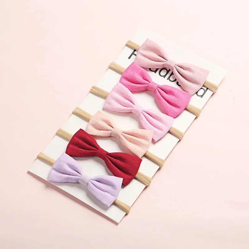 6Pcs/Lot Hair Bows Baby Girls Headband Nylon Headbands Linen Fabric Hairband For Kids Newborn Spring Hair Accessories Lovely