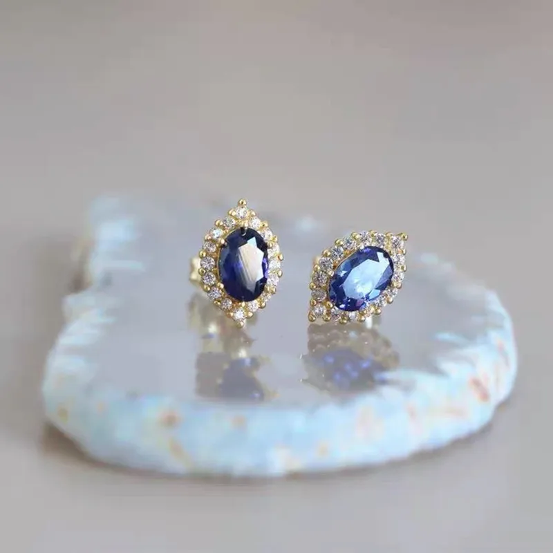 WOOZU 14k Gold Plated 925 Sterling Silver Fashion Blue Pave Crystal Zircon Stud Earrings For Women Party Hip Hop Jewelry Gift