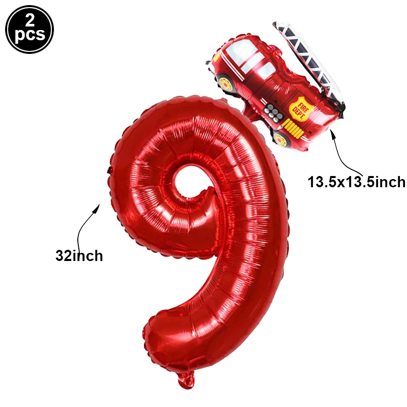 Das Feuer-Party-Dekor-Set enthält einen Zahlen-Folienballon und einen Mini-Feuerwehrauto-Ballon. Feuerwehrmann-Geburtstagsballon für eine Rettungs-Mottoparty – Detail 2