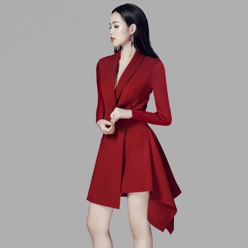 

Designer Long Blazer Dress Women Notched Double Breasted Slim Casual Work Jacket Asymmetry Ruffles Belted Party Dress Suit 2023