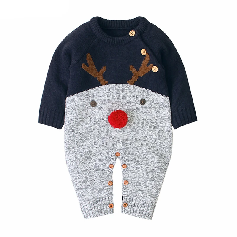 Christmas Clothes Baby Boys Rompers Reindeer Knit Infantil Jumpsuits Toddler Girls New Year\'s Costume Children Warm Wool Clothes