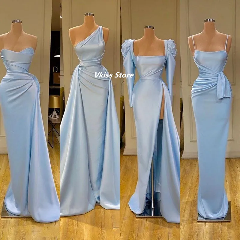 Robes de Demoiselle d'Honneur en Satin Bleu Clair, Fourreau Sirène, Grande Taille, Longue Fendue, Robe d'Invitées de Mariage, Styles Mixtes, Robe de Bal