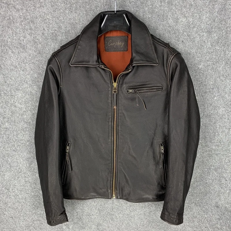 shipping.US casual Free style,J26 Turkey Tea Core Cowhide Jacket,vintage genuine Leather coat.motor biker leather jackets,sales