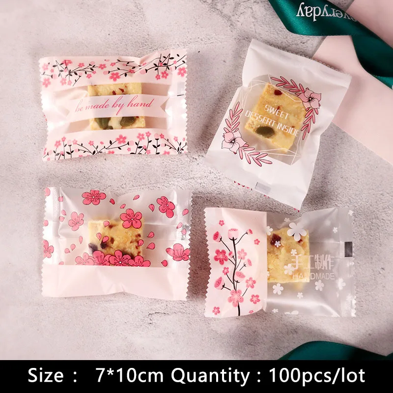 100pcs/lot Cookies Plastic Packaging Gift Bag White Border Romantic Cherry Blossoms 4In1 Wedding Party Handmade Biscuit Pack